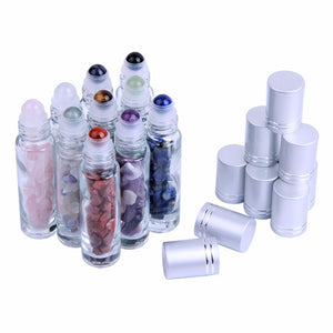Set of 10 bottles (10ml each) with natural stones for essential oils with a gemstone roller ball