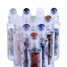 Load image into Gallery viewer, Set of 10 bottles (10ml each) with natural stones for essential oils with a gemstone roller ball