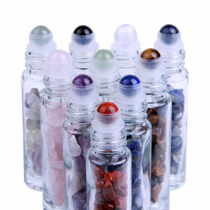 Set of 10 bottles (10ml each) with natural stones for essential oils with a gemstone roller ball