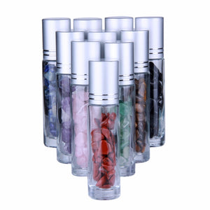 Set of 10 bottles (10ml each) with natural stones for essential oils with a gemstone roller ball