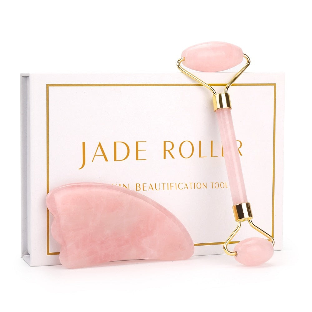 Natural quartz or jade facial massage roller beauty care set box